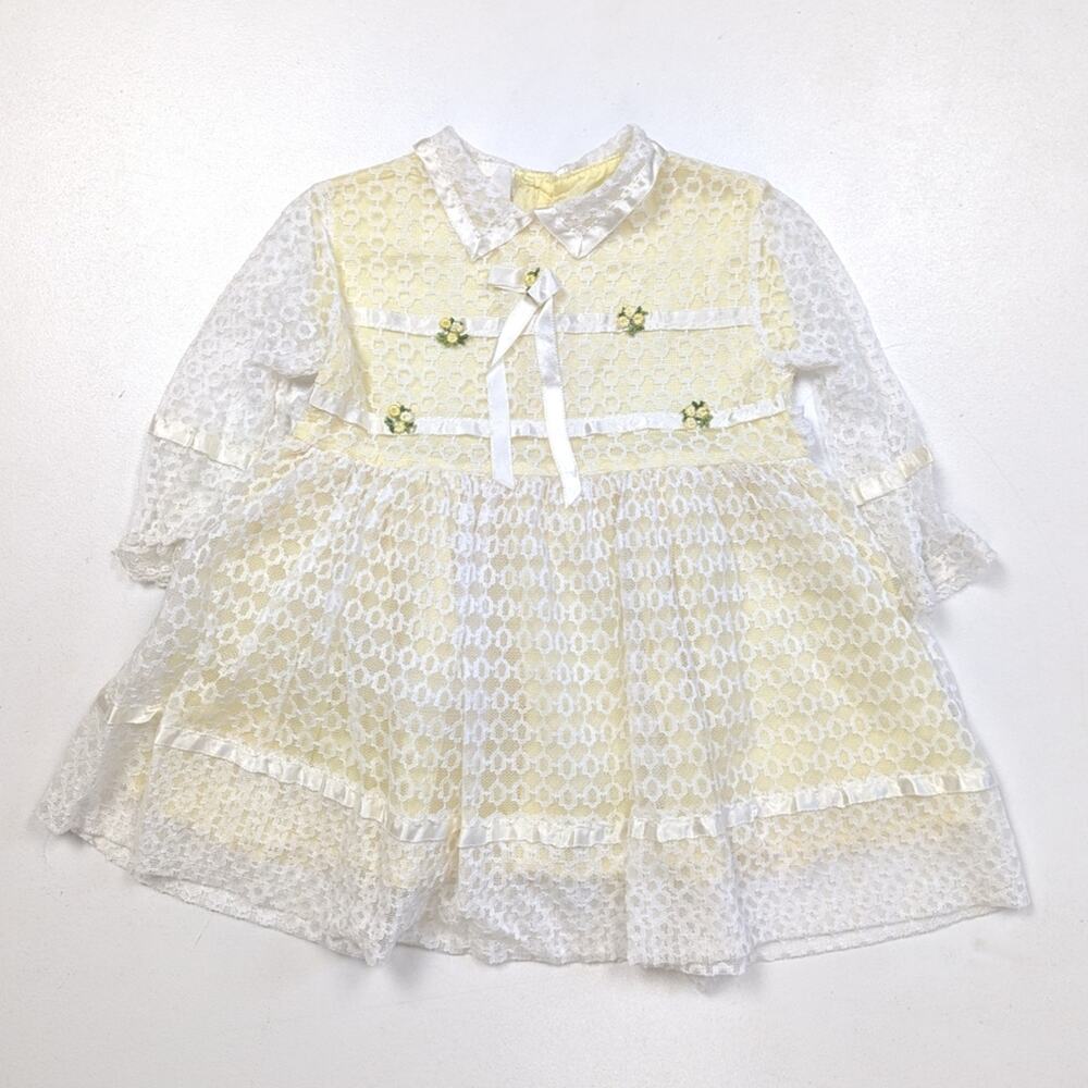 Vintage Dress Girls Size 18-24m Yellow Lace Boho